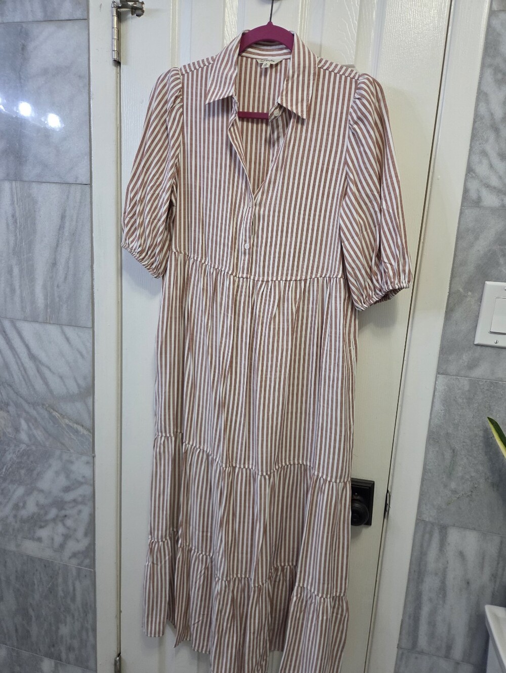 Max Studio Striped Tiered Maxi Dress in Beige and White